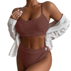 Women 2 Piece Swimsuit Medium Brown Scoop Neck Ribbed Bikini High-Cut Leg Cheeky
